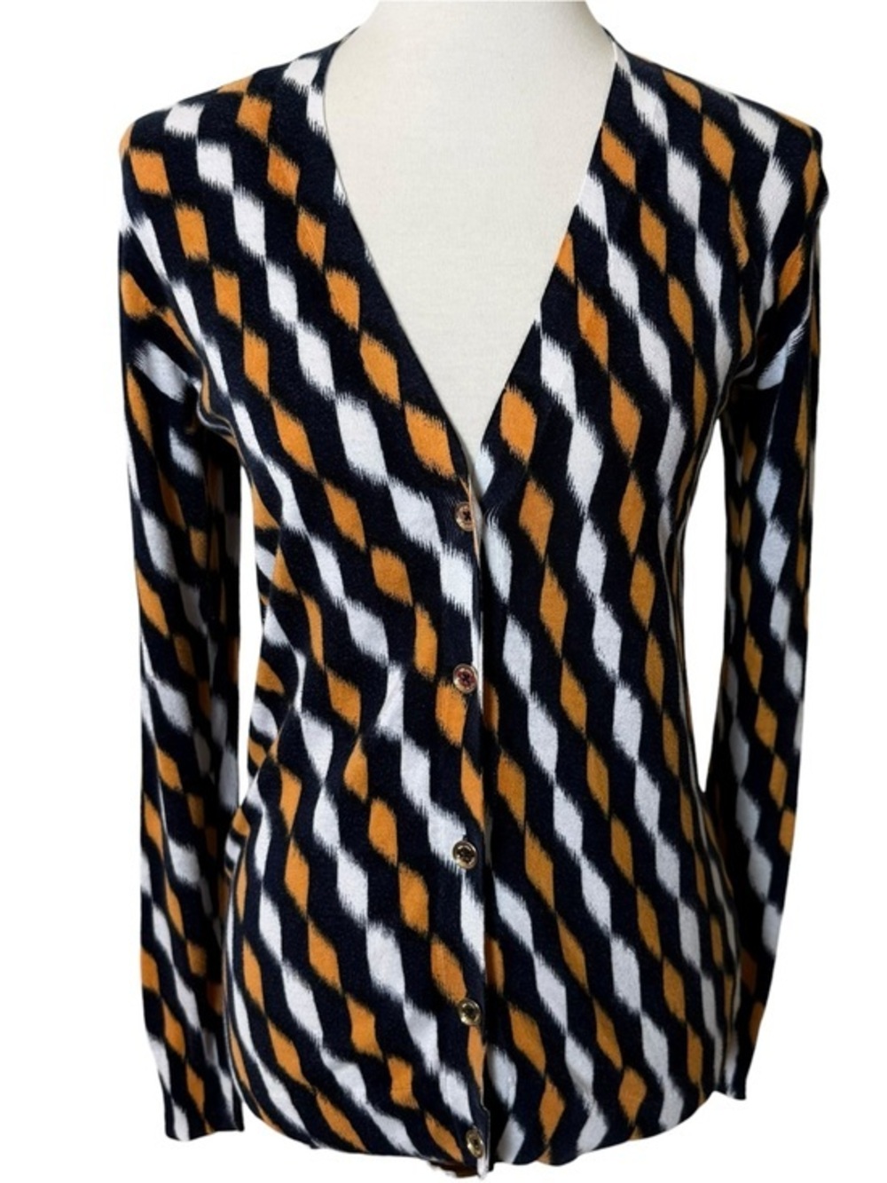 Michael Kors XS Geometric Cardigan Sweater Orange Navy White V Neck Button Front